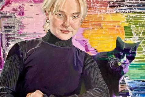 Artist rendering of a blond-haired woman with a black cat