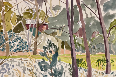 Artist painted landscape showing a suburban house glimpsed through trees