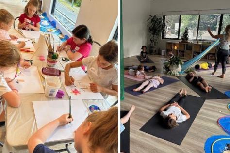 children participating in yoga and art class 