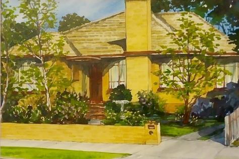 Artist rendering in watercolour of a yellow suburban brick house