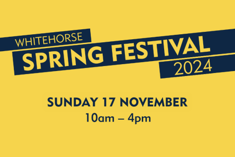 Text reading - Whitehorse Spring Festival 2024 | Sunday 17 November 10am - 4pm