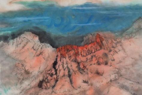 ink wash rendering of red mountains with blue sky overhead