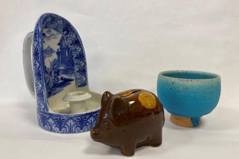 Ceramic candle holder, piggy bank and Japanese tea bowl