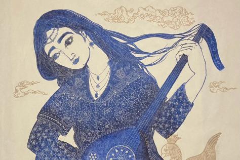 Artist rendering of a female lute player printed indigo blue