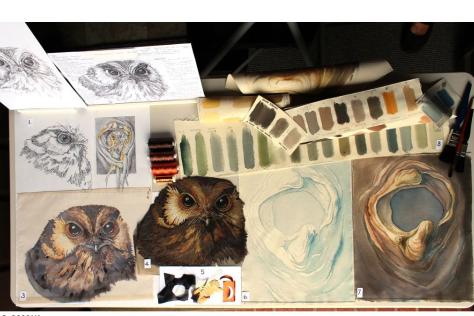 Showcase with workings of an owl textile 