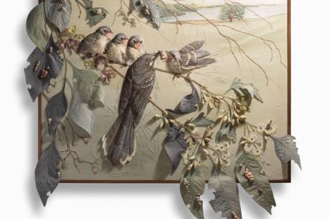 Textile depicting family of fantail birds
