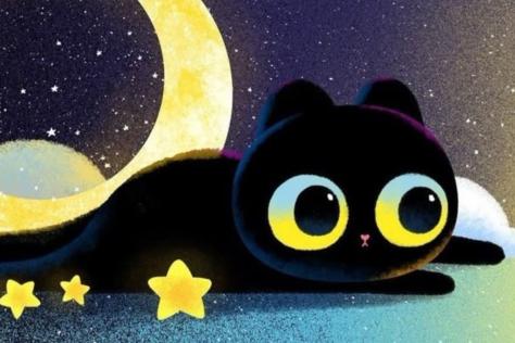 Digital image of a black cat in cosmic moon setting 