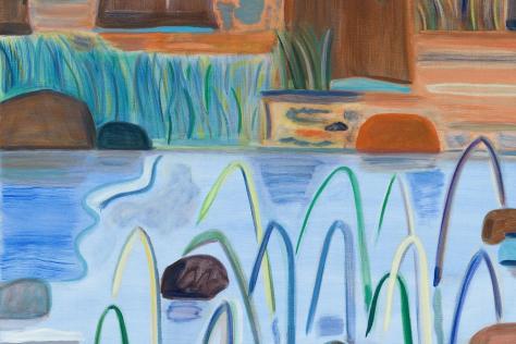 Artist rendering of creek in foreground with fish, trees on the bank in the background