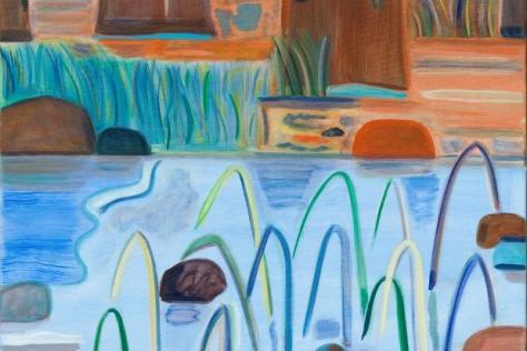 Artist rendering of creek in foreground with fish, trees on the bank in the background