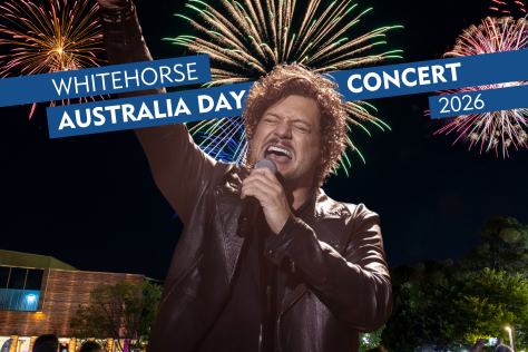 Rob Mills singing into a microphone with fireworks in the background