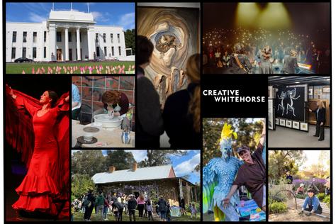 Collage of images including pictures of historic arts venues, performers in costumes, art exhibitions, pottery classes. 