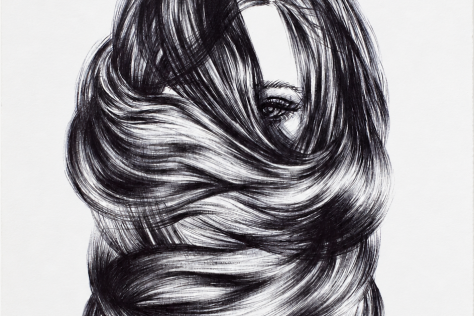 Charcoal portrait of a woman's face, obscured by her hair, with only one eye seen.