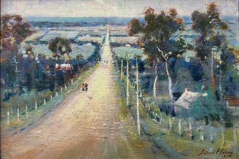 Landscape painting depicting distant figures walking down a dirt road.