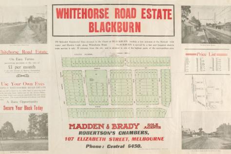 Land auction poster with red text, black and white photographs and land blocks.