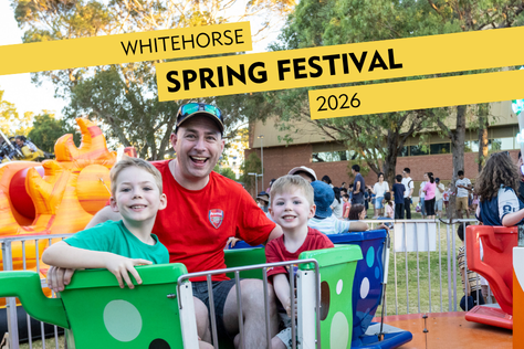Promotional image for the Whitehorse Spring Festival 2026. Three people sit together in a colourful amusement ride in a park setting, with festival attendees, trees and event activities visible in the background. Yellow banners across the top display the text “Whitehorse Spring Festival 2026”.