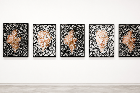 Five framed works of art by June Chen.