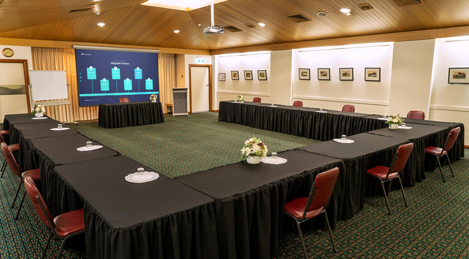 The Box Hill Town Hall's Matsudo Room set up with chairs and tables in a U shape