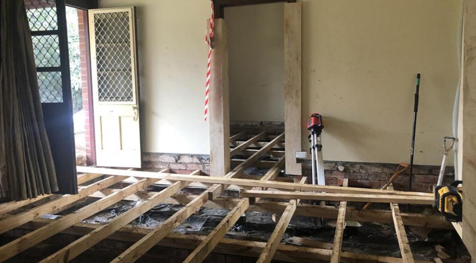 Inside cottage with floors removed. 